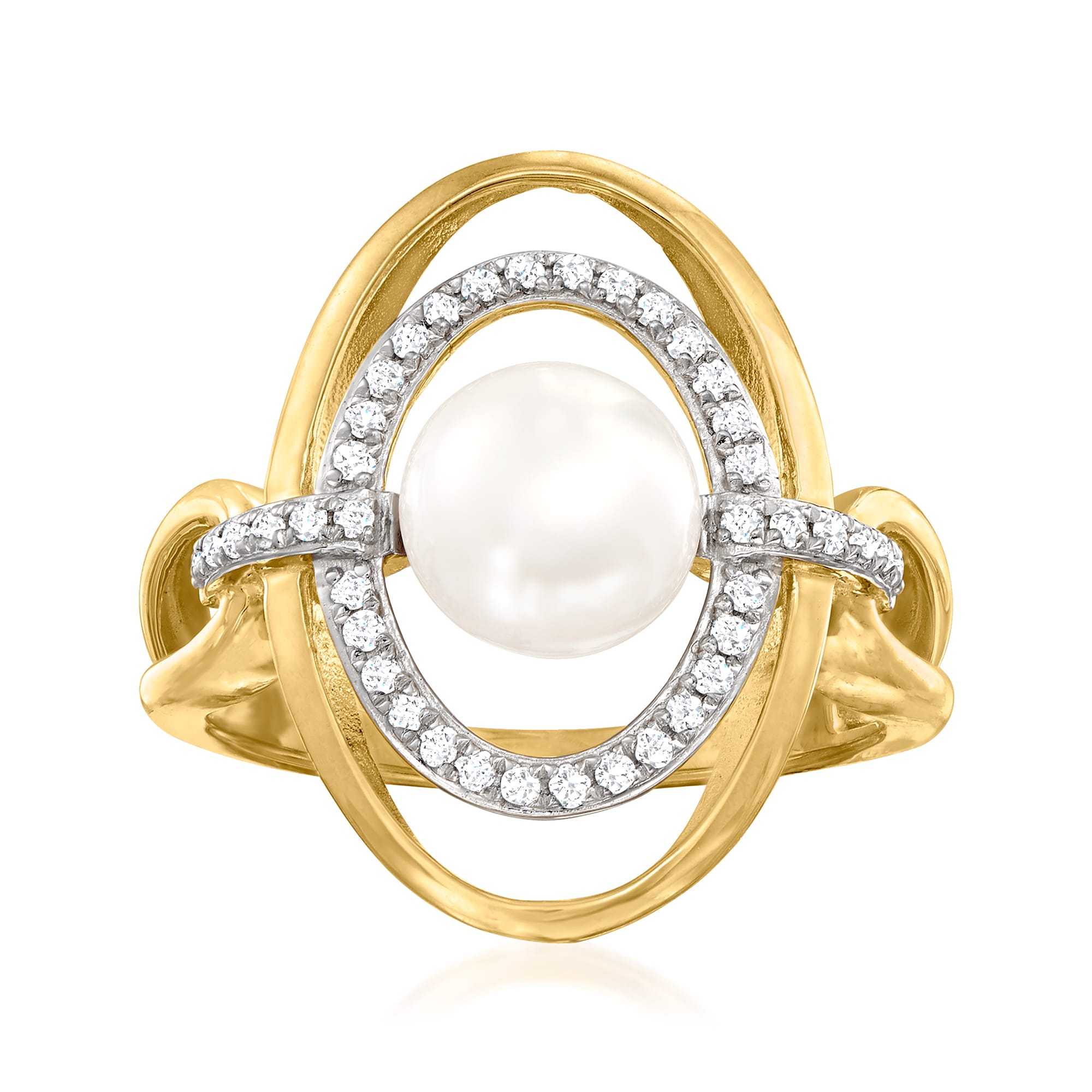 7.5-8mm Cultured Pearl and .10 ct. t.w. White Topaz Open-Space Ring in ...