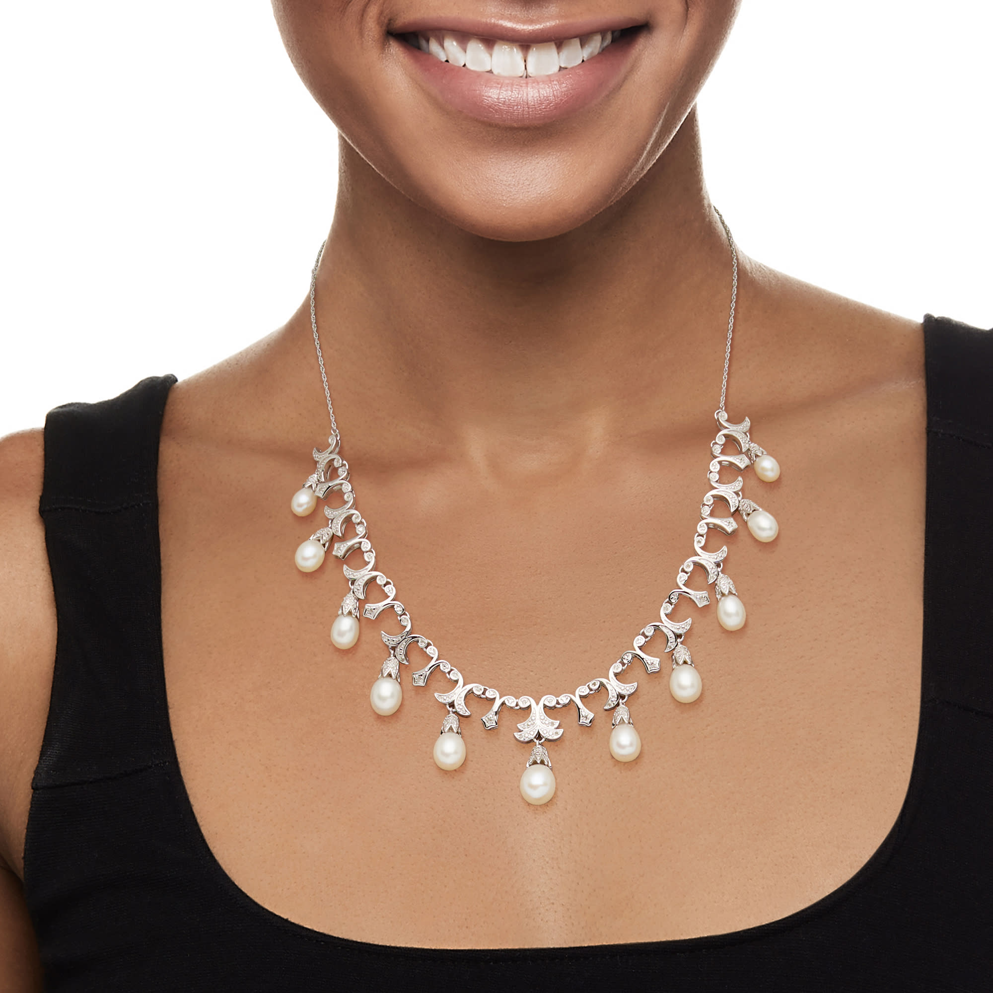 6-9mm Cultured Pearl Sterling | Ross-Simons ct. Silver Necklace t.w. .20 Diamond and in