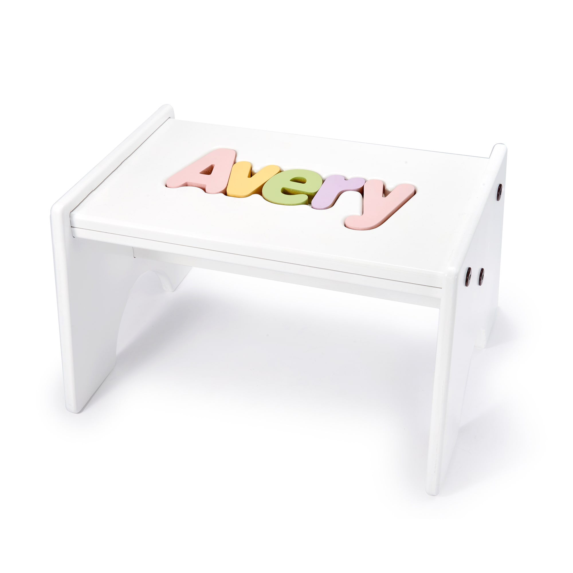 Child s Personalized Name White Puzzle Stool Pastel Colors