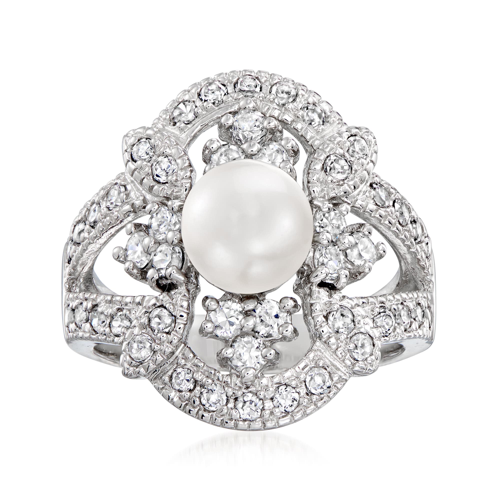 6.5-7mm Cultured Pearl and .90 ct. t.w. White Topaz Ring in Sterling ...