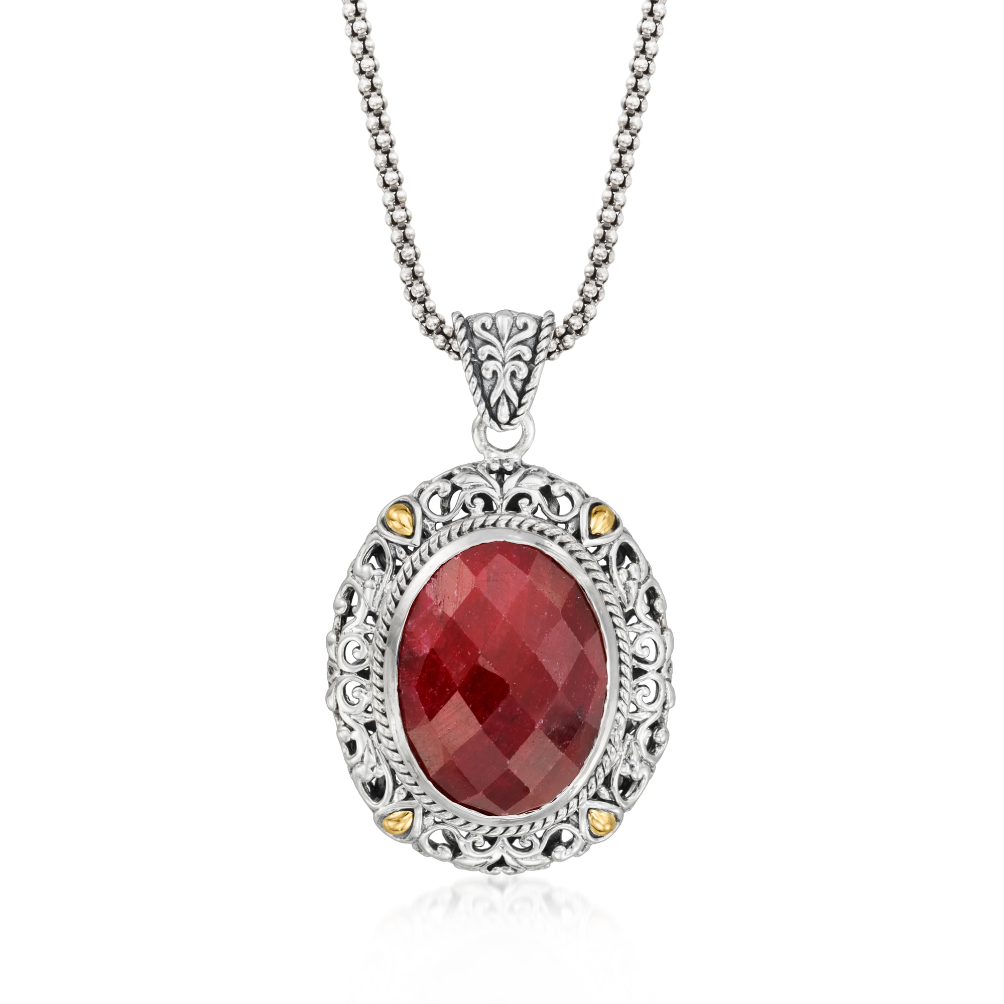 18.00 Carat Ruby Bali-Style Pendant Necklace in Sterling Silver with 18kt Yellow Gold. 18" | Ross-Simons