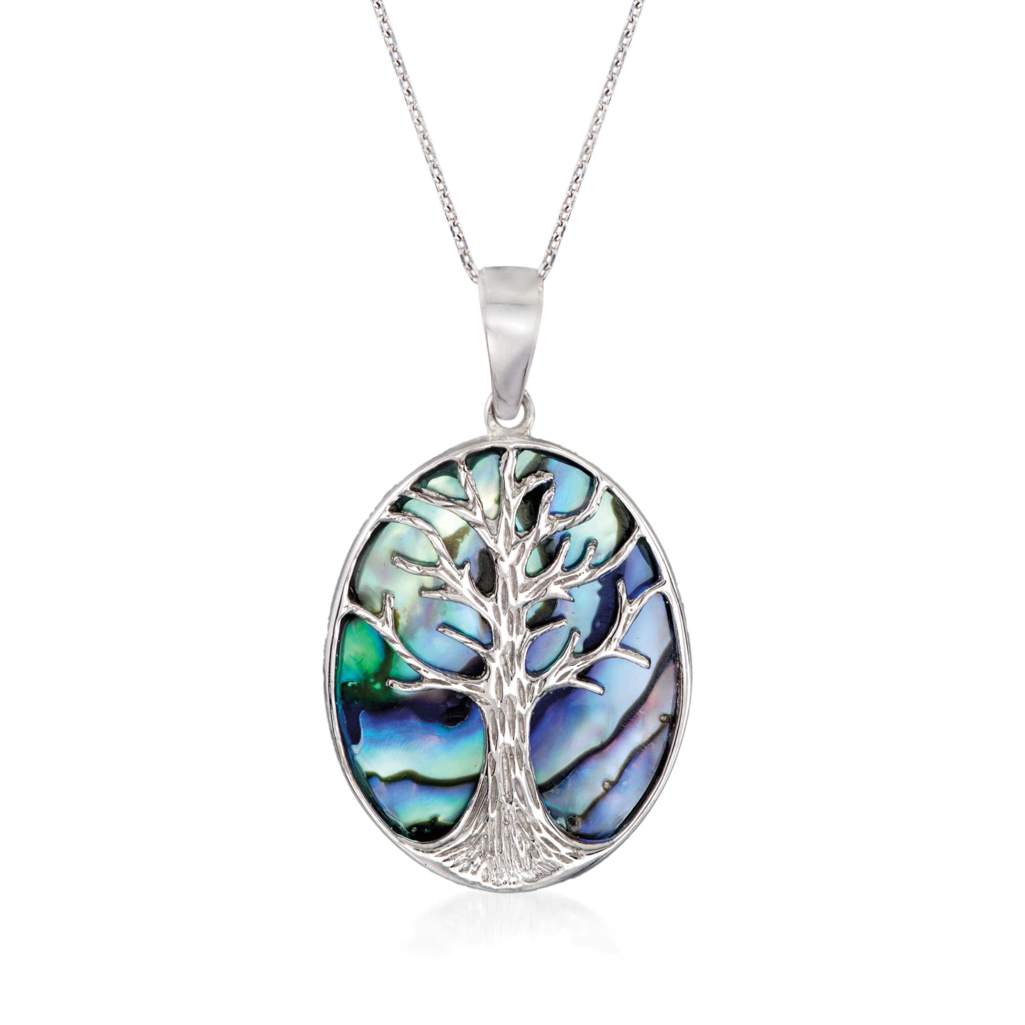 Abalone Shell Tree of Life Pendant Necklace in Sterling Silver. 18