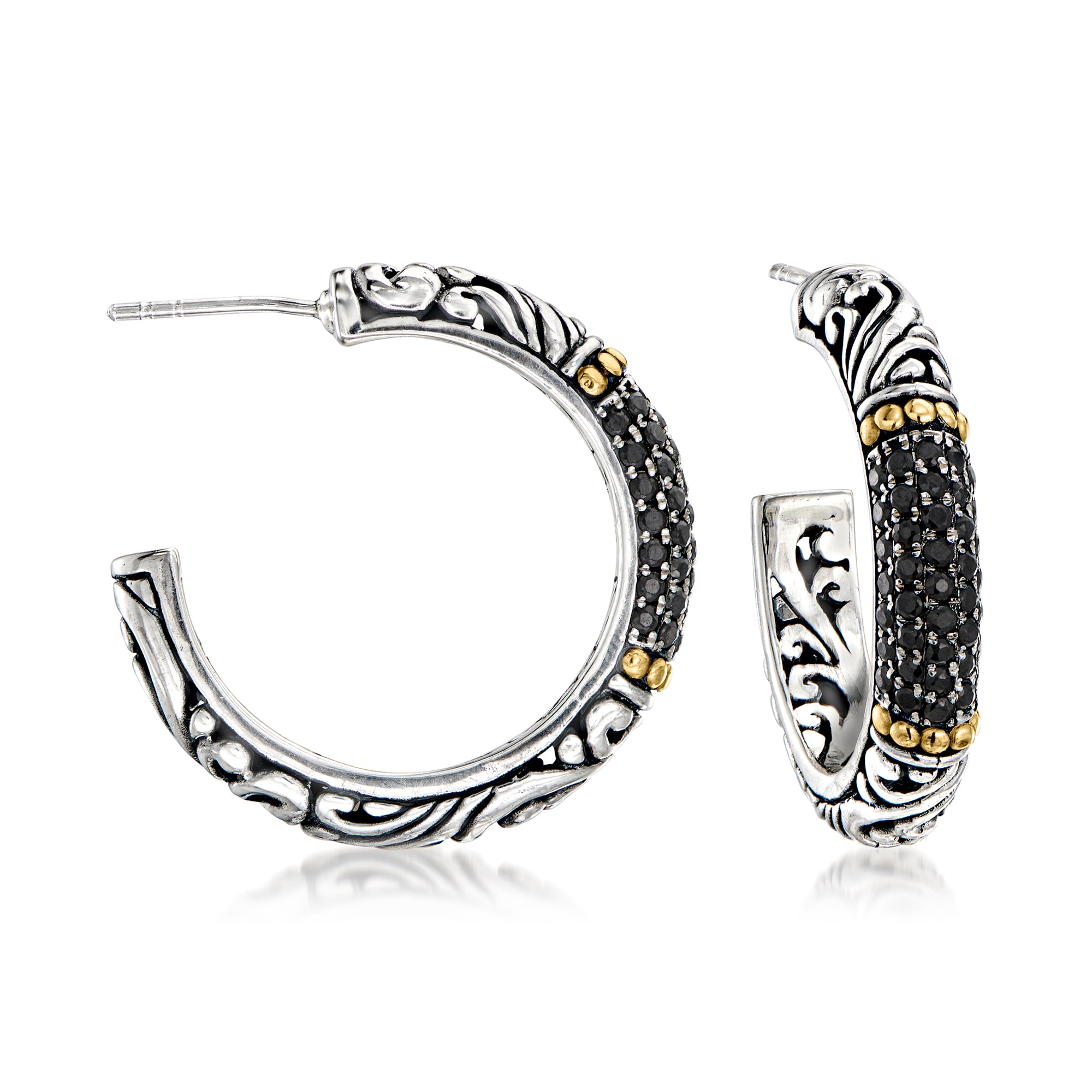 1.50 ct. t.w. Black Spinel Bali-Style C-Hoop Earrings in Sterling