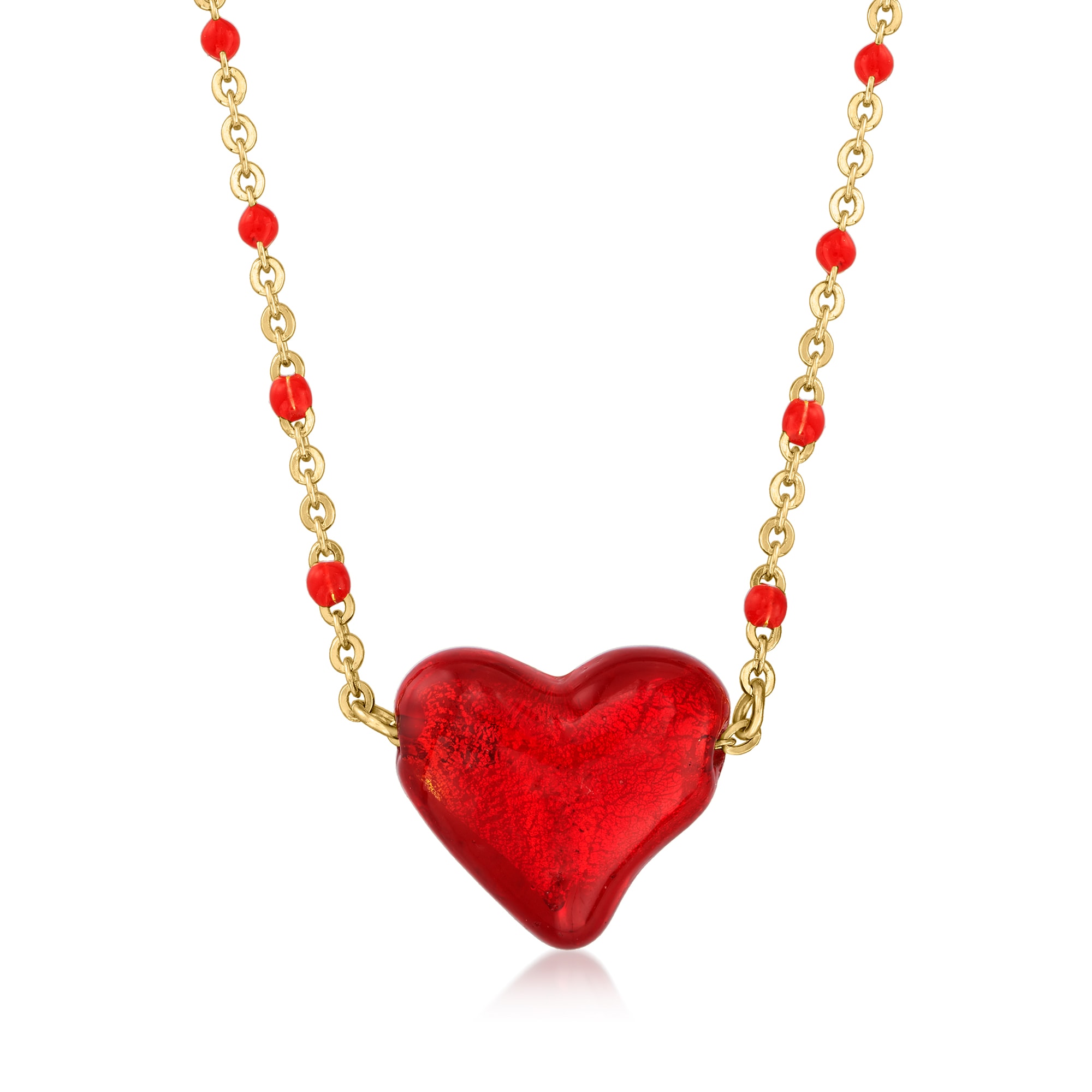 Italian Red Murano Glass Heart Bead Necklace In 18kt Gold Over Sterling Ross Simons
