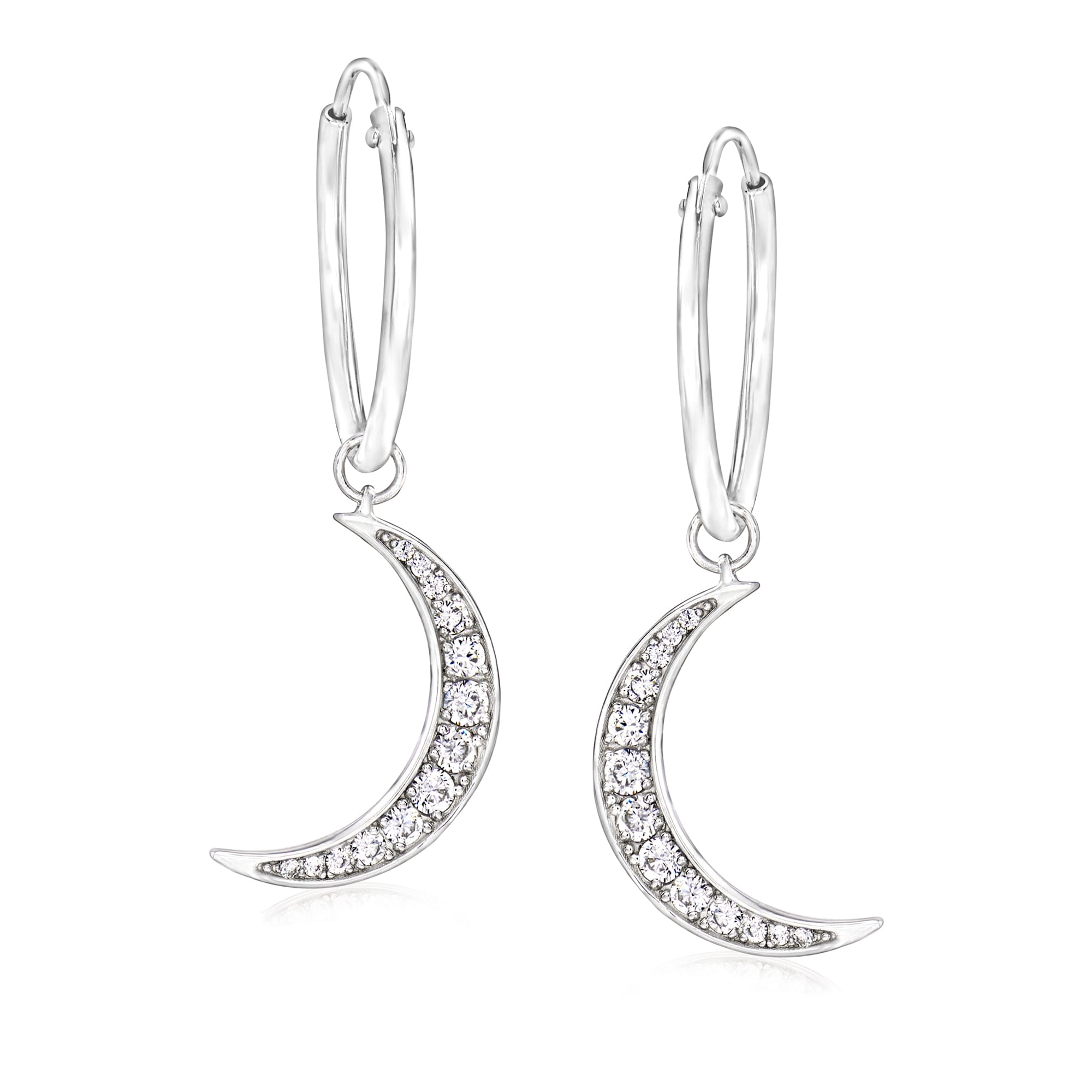 .80 ct. t.w. CZ Removable Crescent Moon Hoop Drop Earrings in Sterling ...
