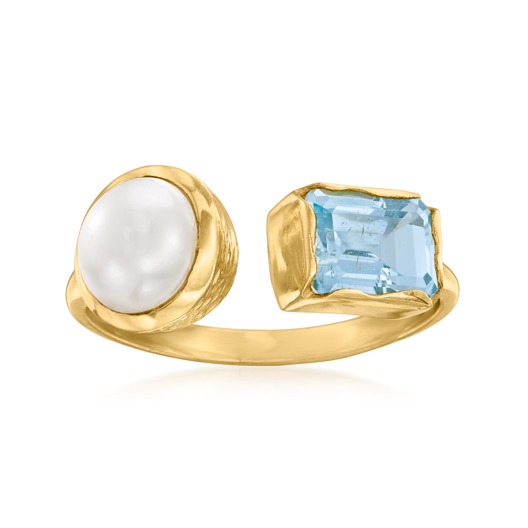 8-8.5mm Cultured Pearl and 1.40 Carat Sky Blue Topaz Toi et Moi Ring in  18kt Gold Over Sterling | Ross-Simons