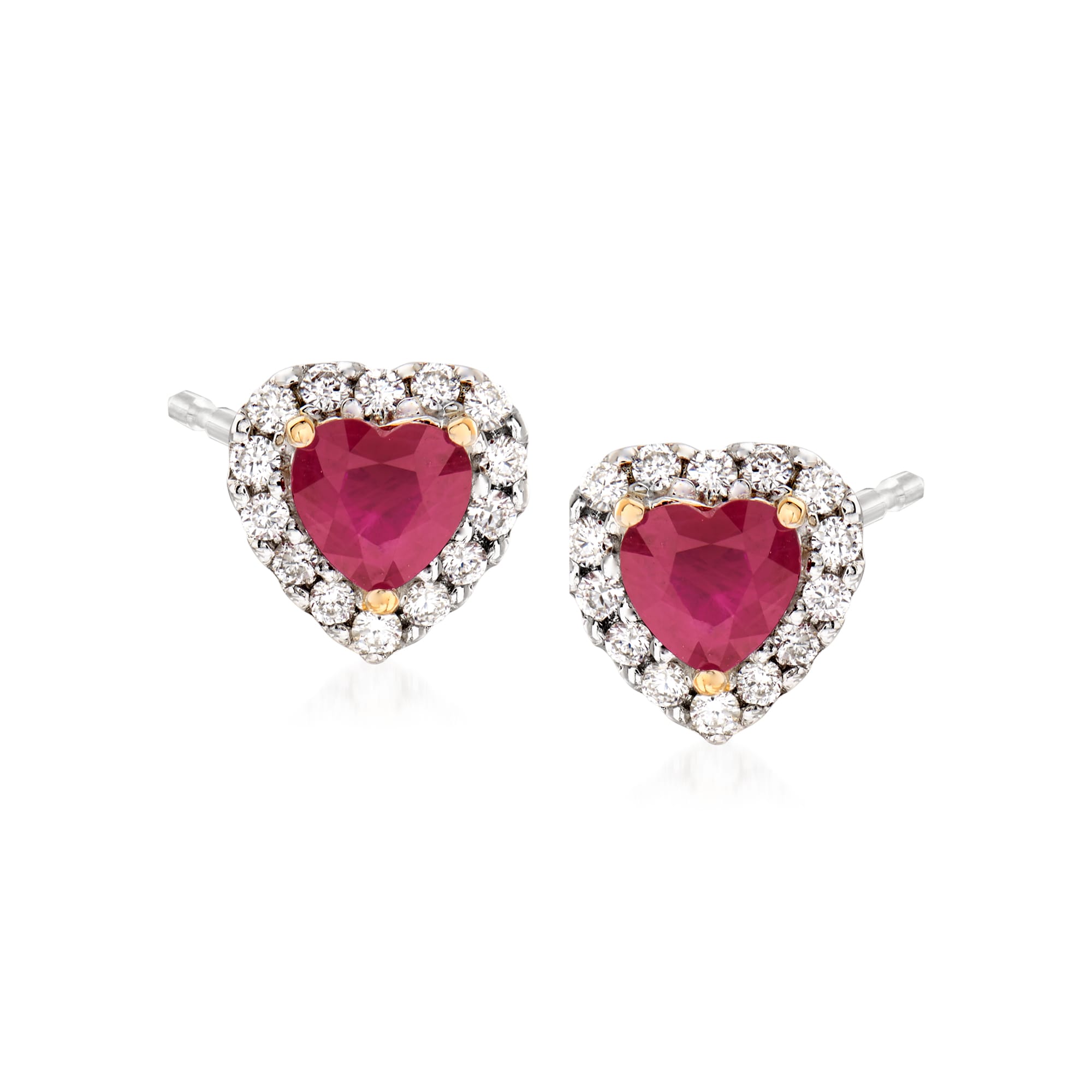 1.10 ct. t.w. Ruby and .28 ct. t.w. Diamond Heart Earrings in 14kt Two ...