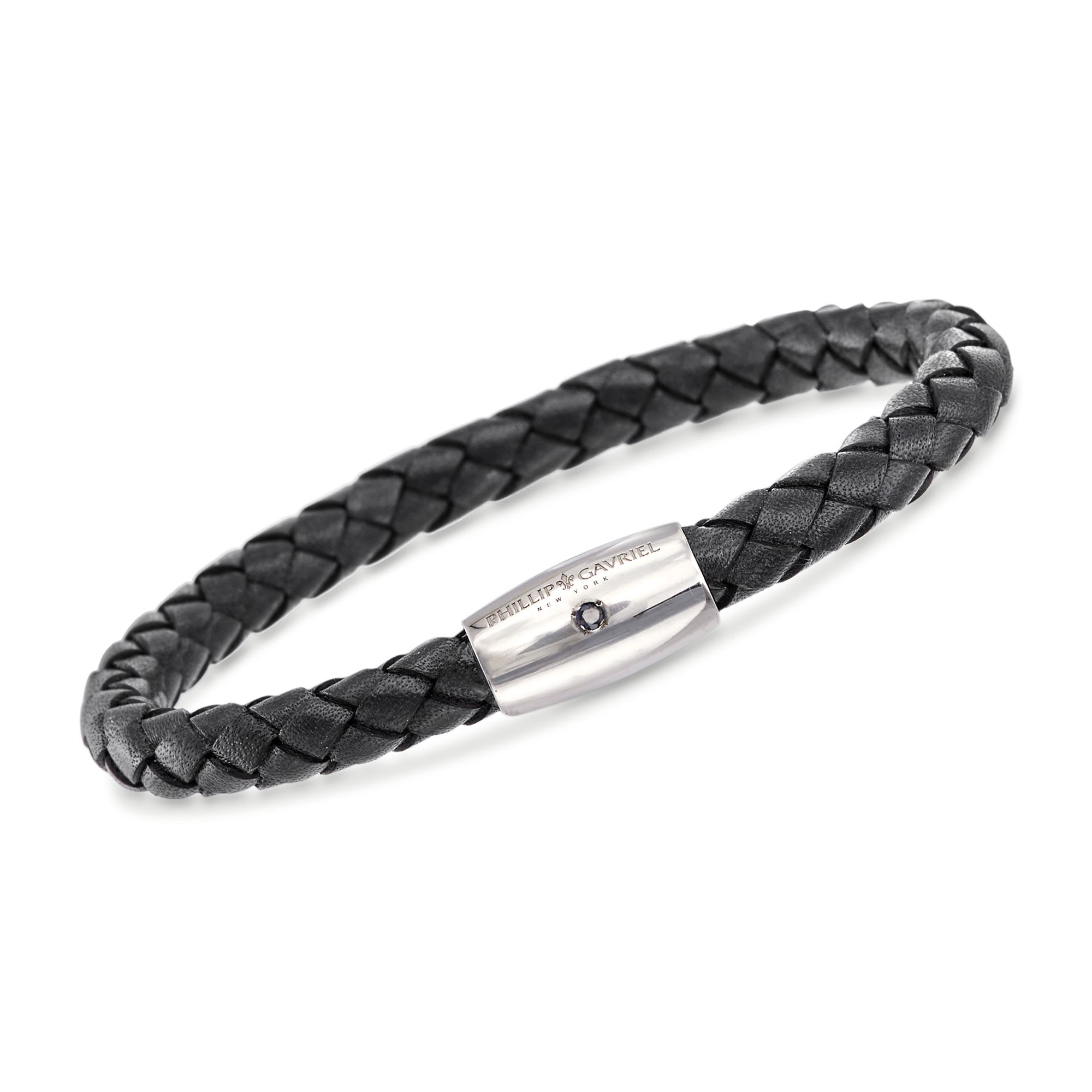 Phillip Gavriel Men's Black Leather Bracelet with Sapphire Accent and ...