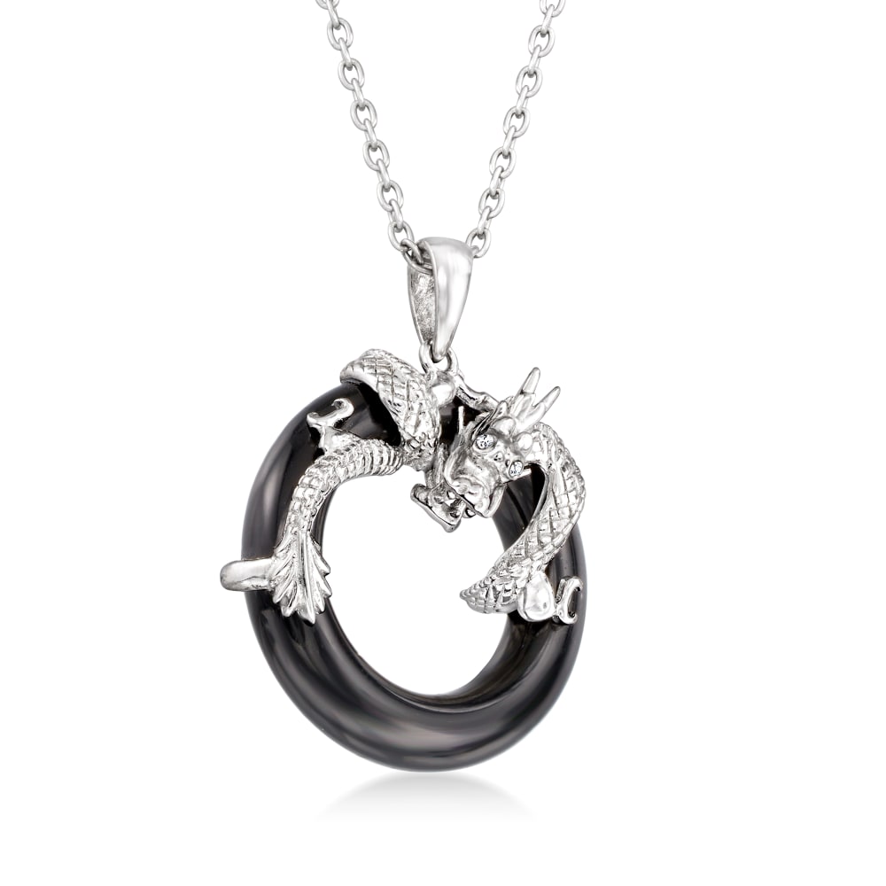 Ross-Simons Black Onyx Dragon Pendant Necklace With 10 Carat CZ in