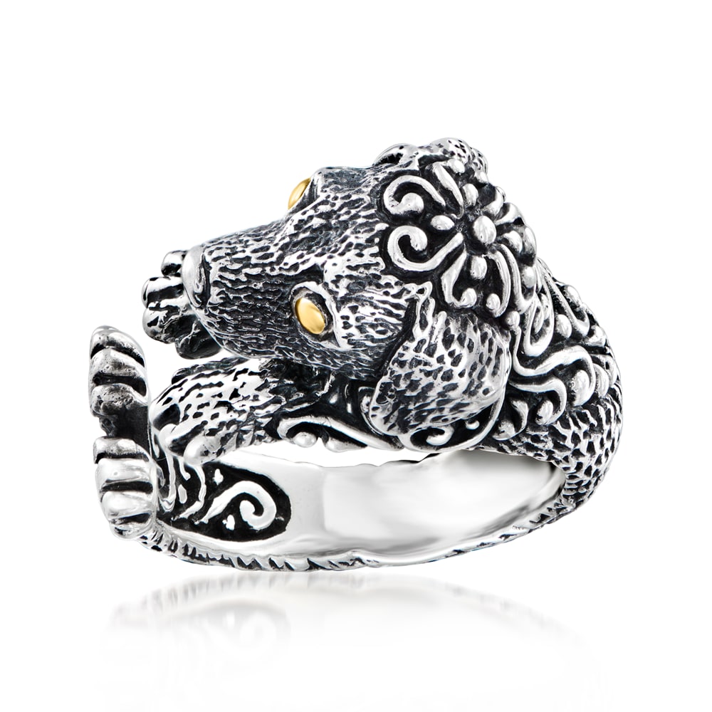 Sterling Silver Bali Style Dog Wrap Ring with 18kt Yellow Gold