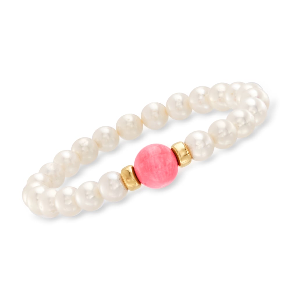 Peach Coral and 7 8mm Cultured Pearl Stretch Bracelet with 14kt