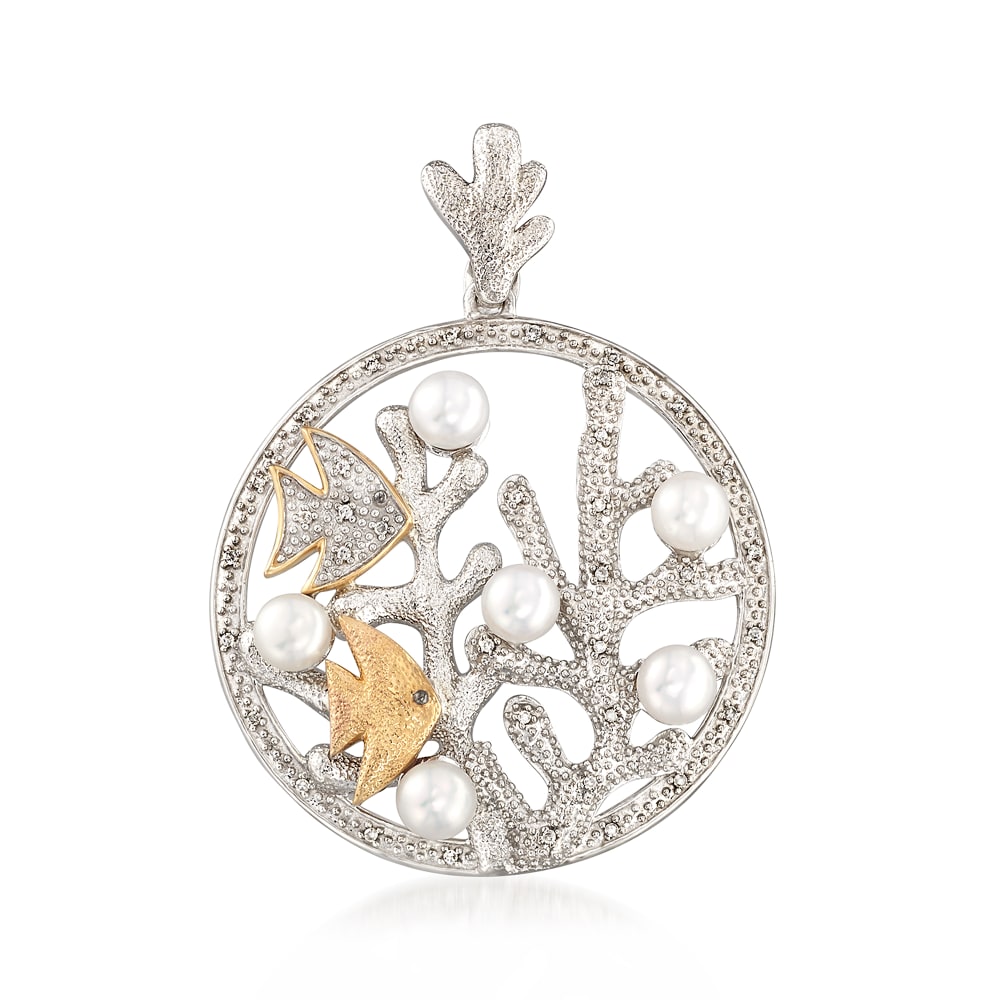 4.5-5mm Cultured Pearl and .10 ct. t.w. Diamond Seascape Pendant in Sterling Silver and 14kt Yellow Gold