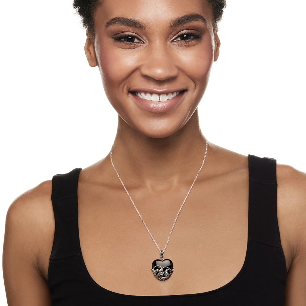 Black Onyx and Marcasite Heart Pendant Necklace in Sterling Silver