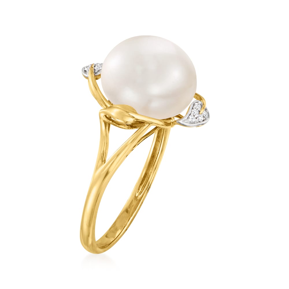 10-10.5mm Cultured Pearl Leaf Ring with Diamond Accents in 14kt Yellow ...