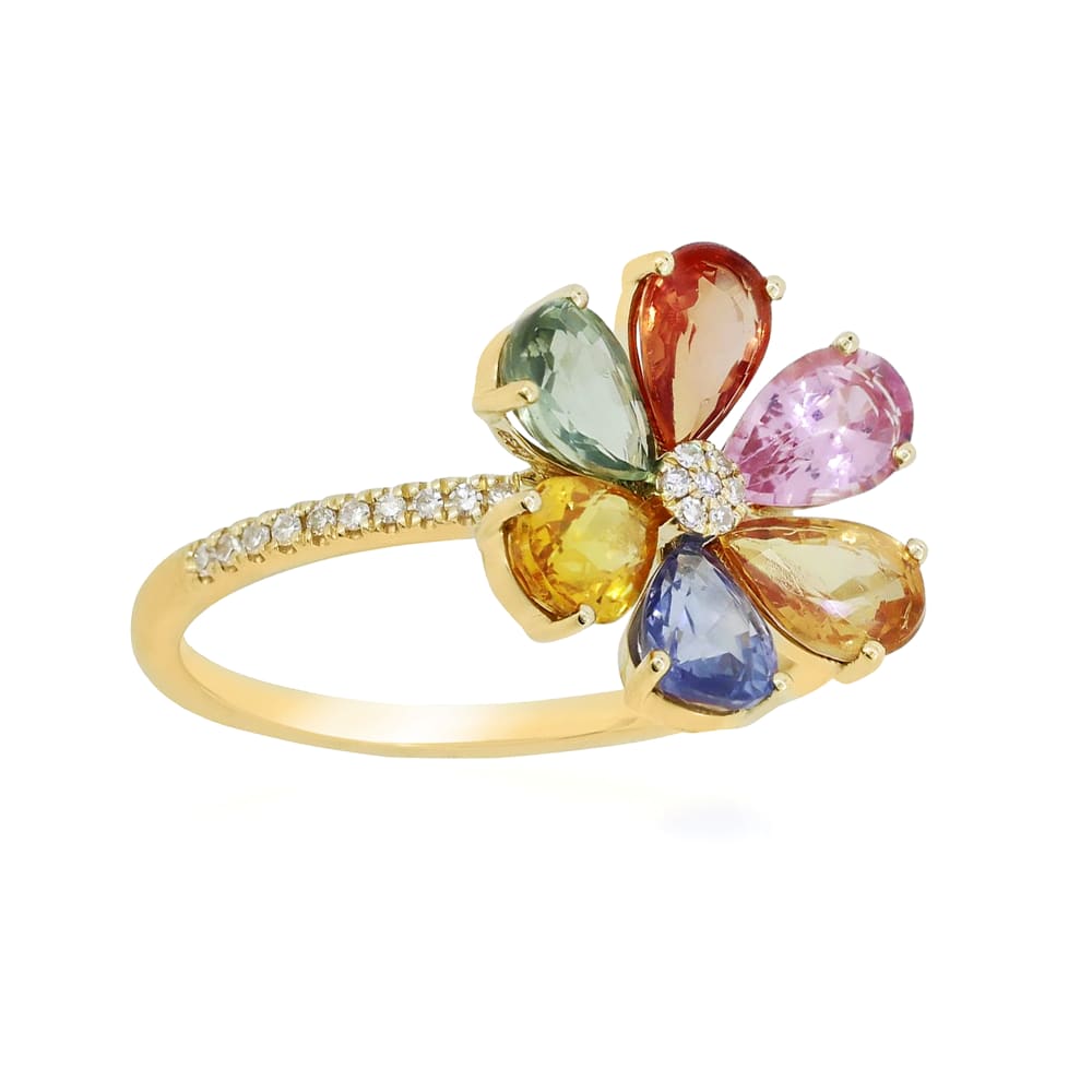 3.30 ct. t.w. Multicolored Sapphire and .10 ct. t.w. Diamond Flower Ring in  18kt Yellow Gold. Size 7