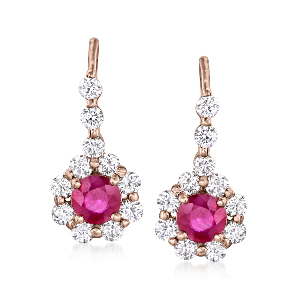 1.20 ct. t.w. Ruby and 1.10 ct. t.w. Diamond Drop Earrings in 14kt
