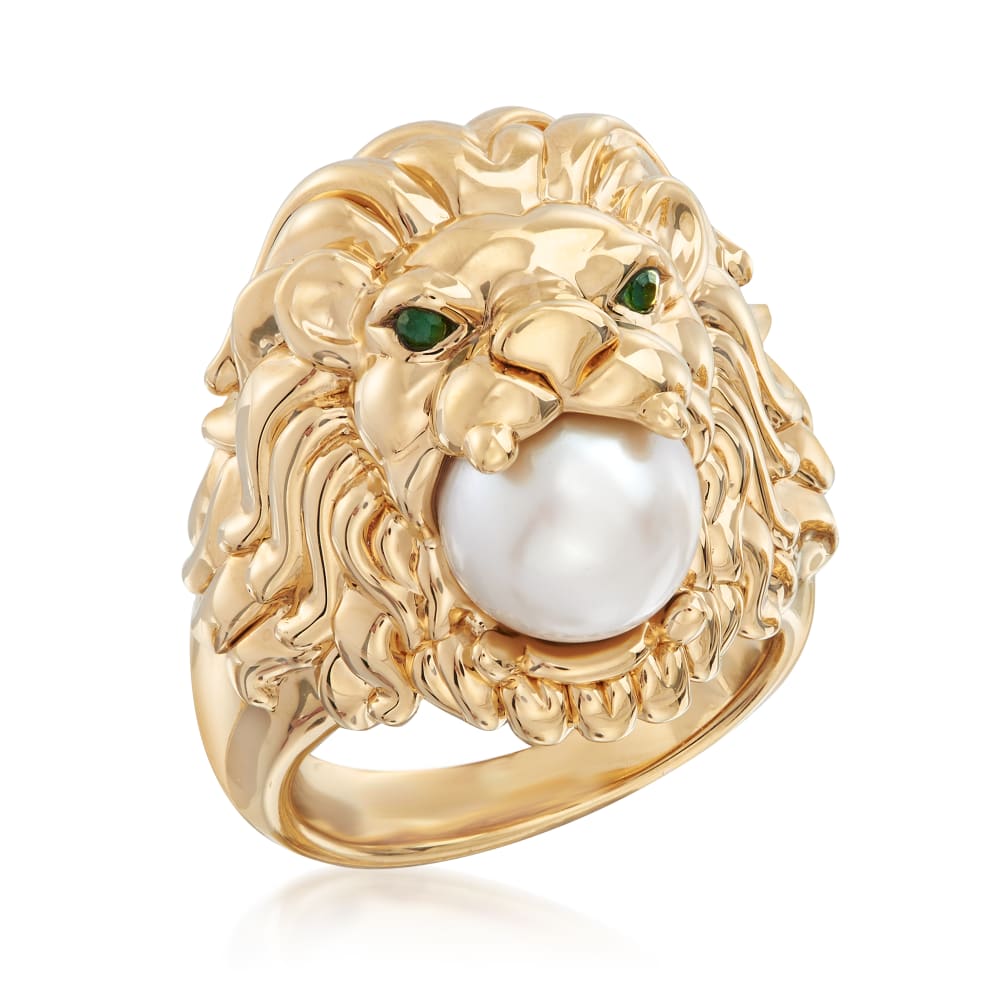 9 9.5mm Cultured Pearl Lion Head Ring with Emerald Accents in 14kt