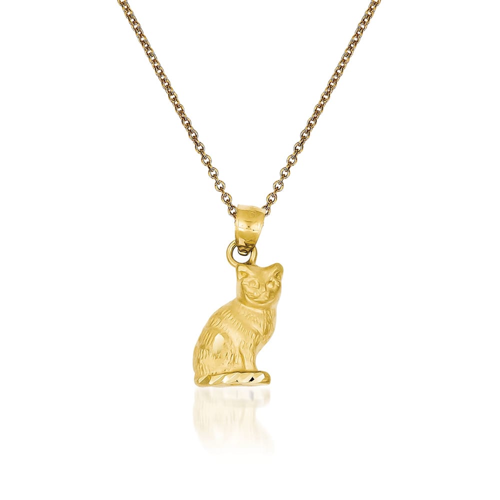 Solid Gold Stretching Cat Charm Pendant Necklace | Gold Cat Necklace