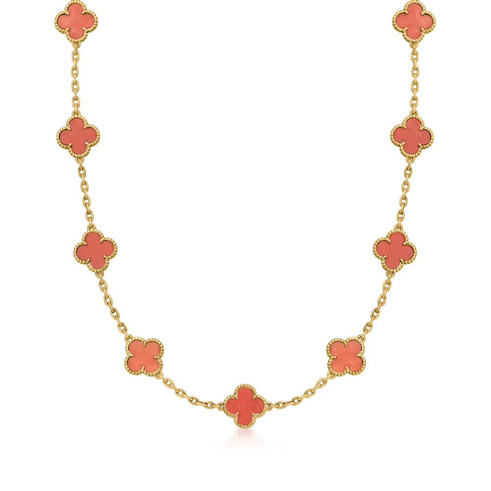 C. 1990 Vintage Red Coral Clover Station Necklace in 18kt Yellow