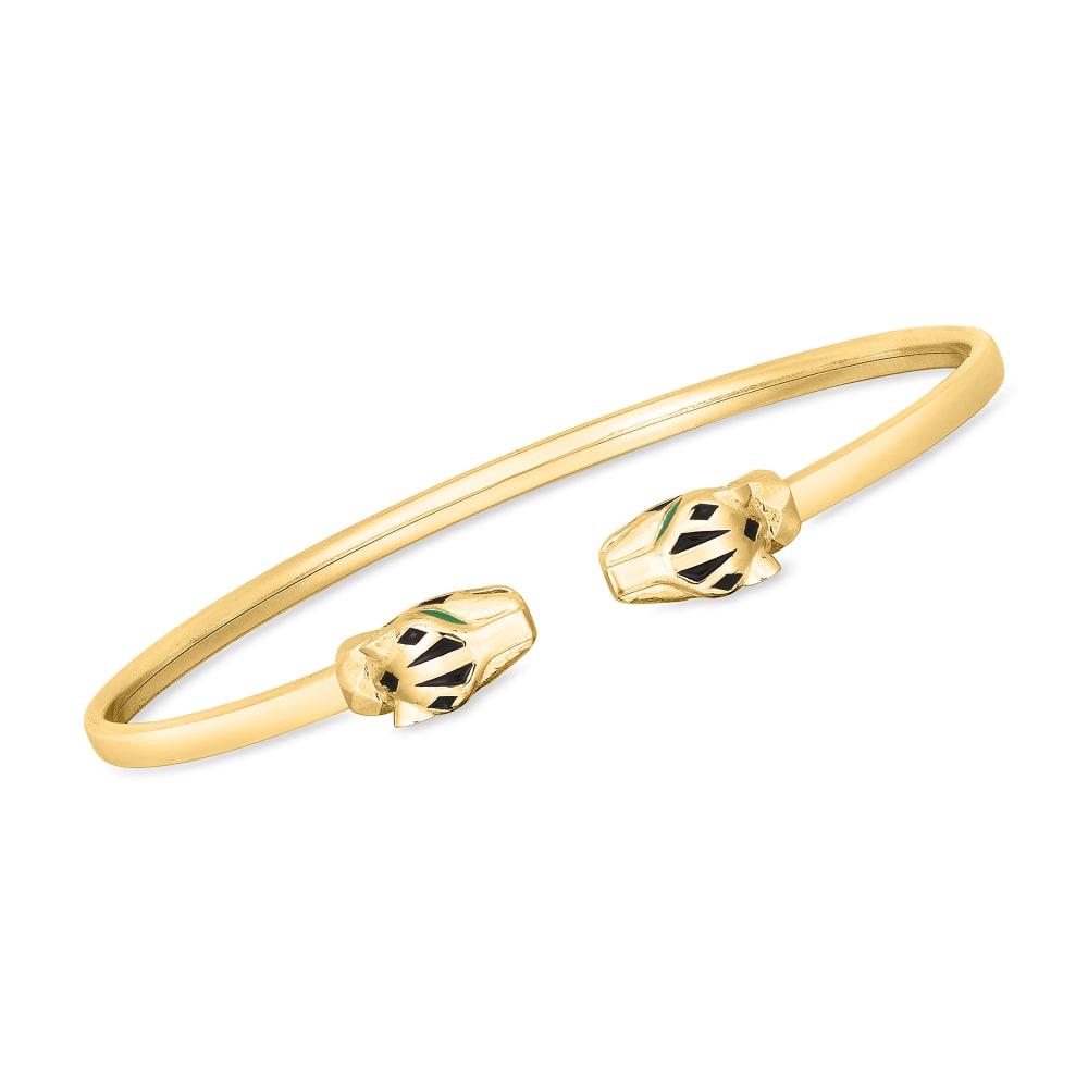 Italian 14kt Yellow Gold Panther Head Cuff Bracelet with Black and