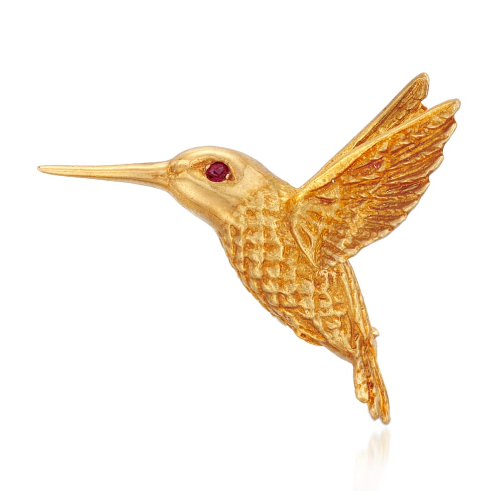 C. 1970 Vintage 18kt Yellow Gold Hummingbird Pin with Ruby