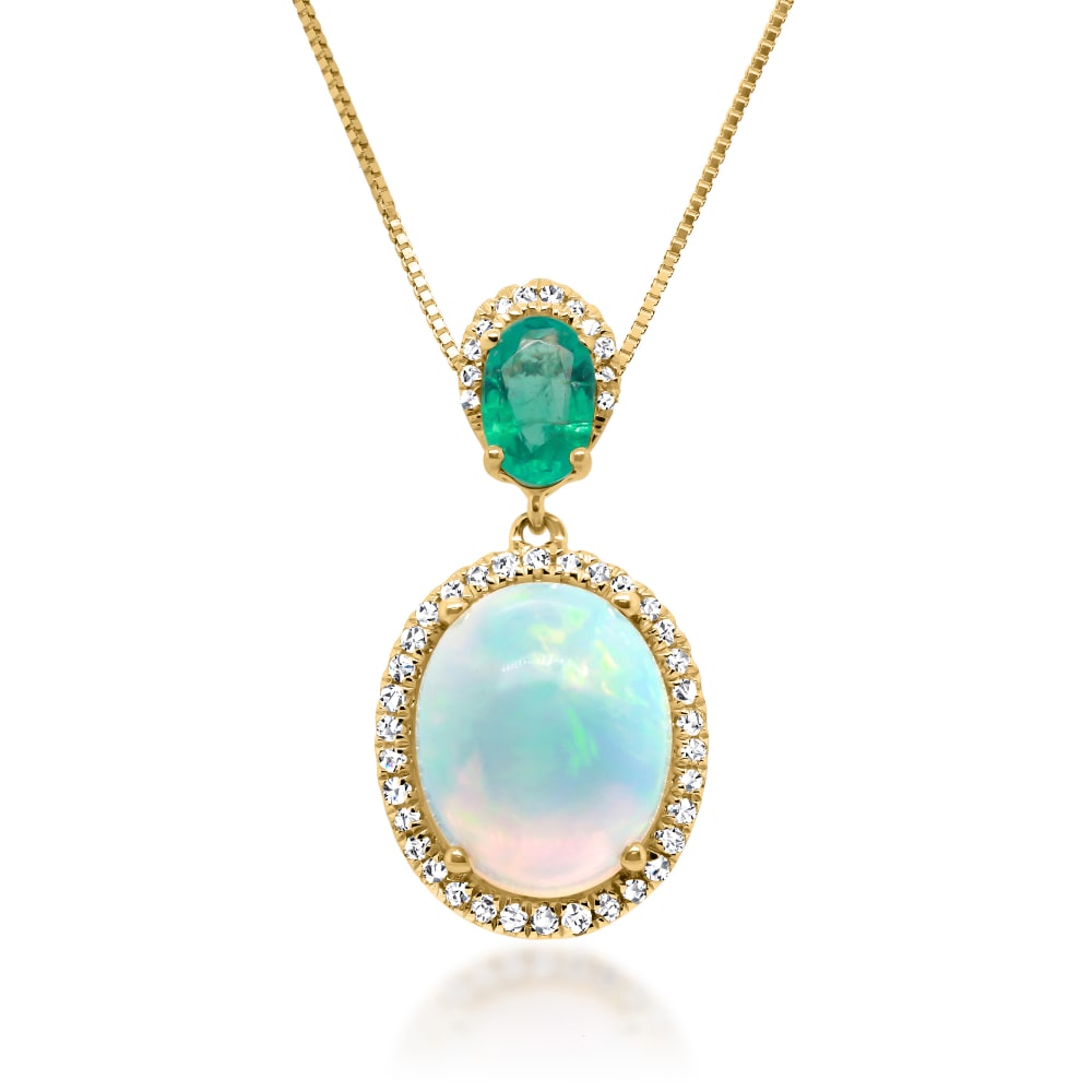 Ethiopian Opal, .40 Carat Emerald And .16 Ct. T.W. Diamond Pendant Necklace  In 14Kt Yellow Gold | Ross-Simons