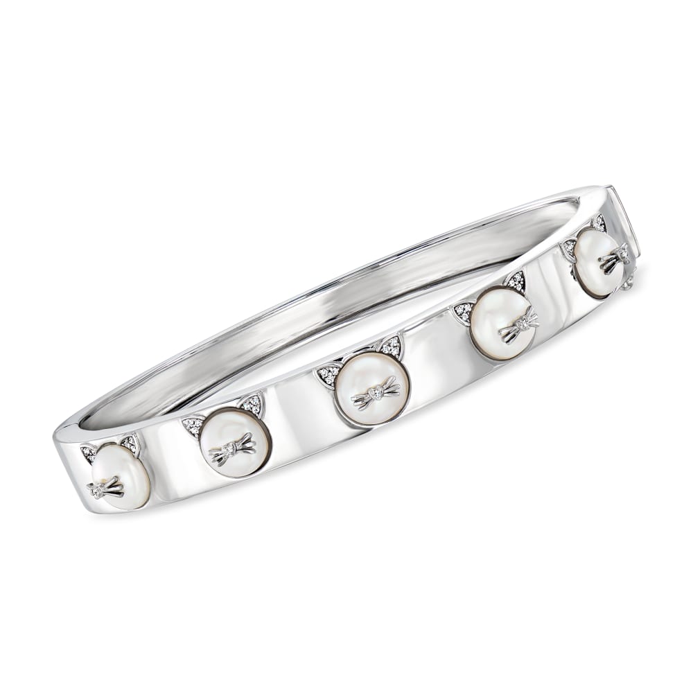 7 7.5mm Cultured Pearl and .11 ct. t.w. Diamond Cat Bangle