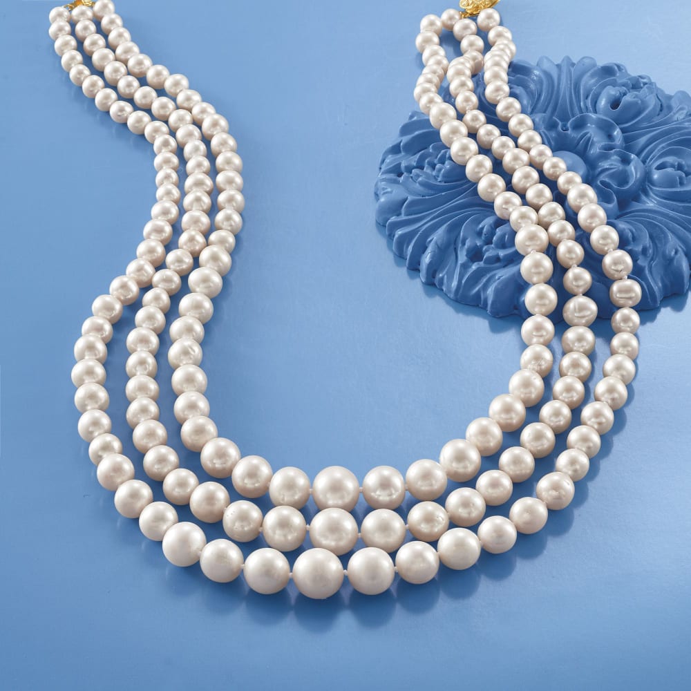 6-11.5mm Cultured Pearl Graduated Three-Strand Necklace with 14kt