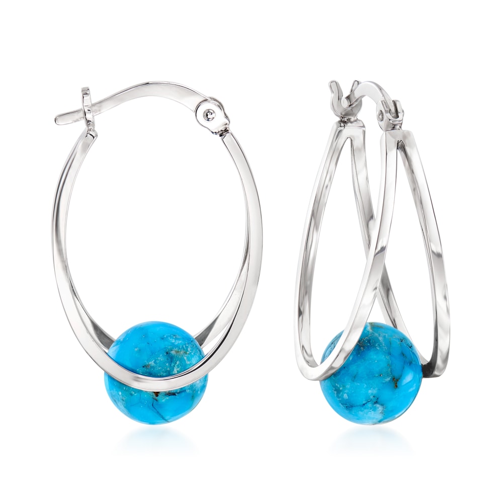 8 8.5mm Turquoise Bead Double Hoop Earrings in Sterling Silver