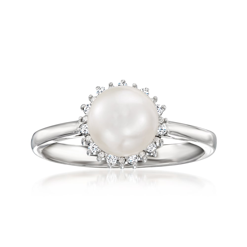 7 7.5mm Cultured Pearl Ring with Diamond Accents in Sterling
