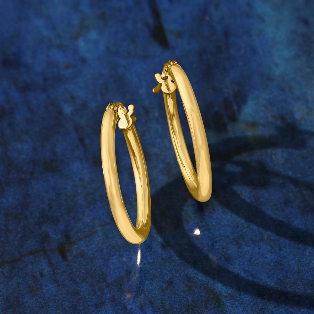 Italian 2mm 18kt Yellow Gold Hoop Earrings. 3/4