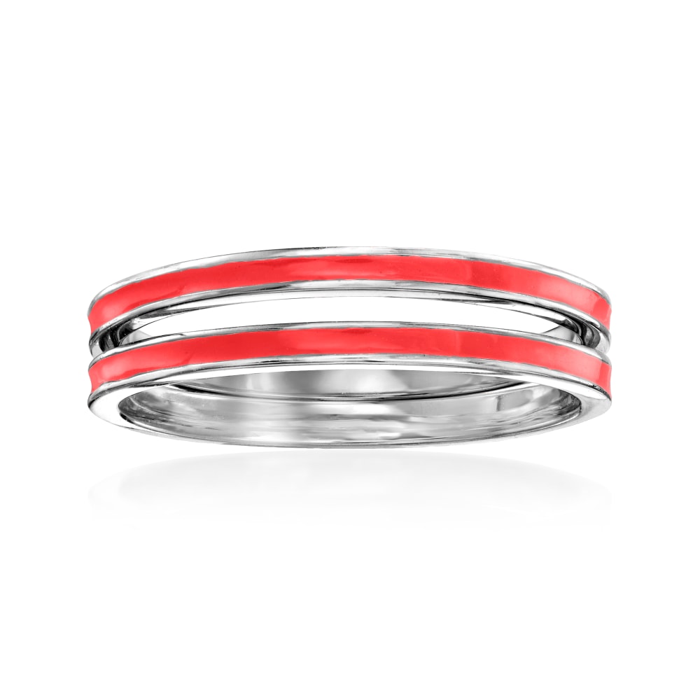 Red Enamel Jewelry Set Two Eternity Bands in Sterling Silver