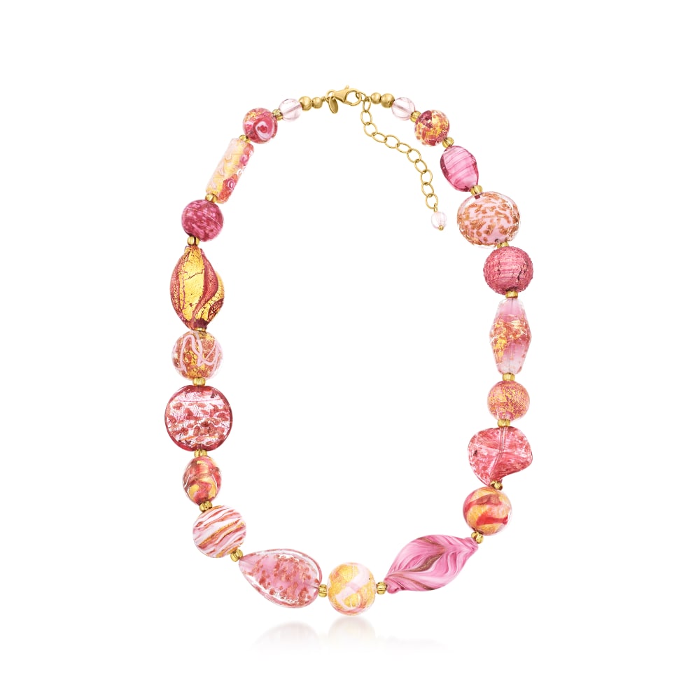 Italian Pink and Gold Murano Glass Bead Necklace in 18kt Gold Over ...