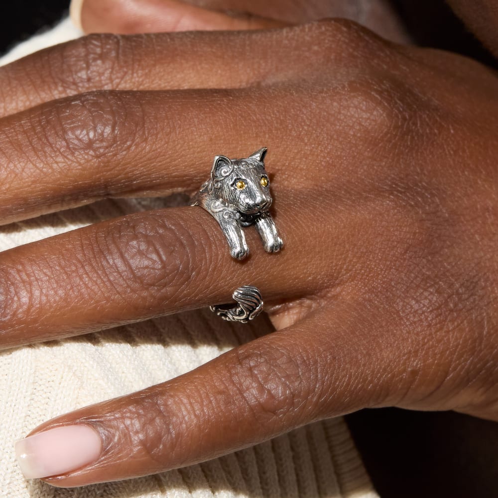 Sterling Silver Bali Style Cat Wrap Ring with 18kt Yellow Gold