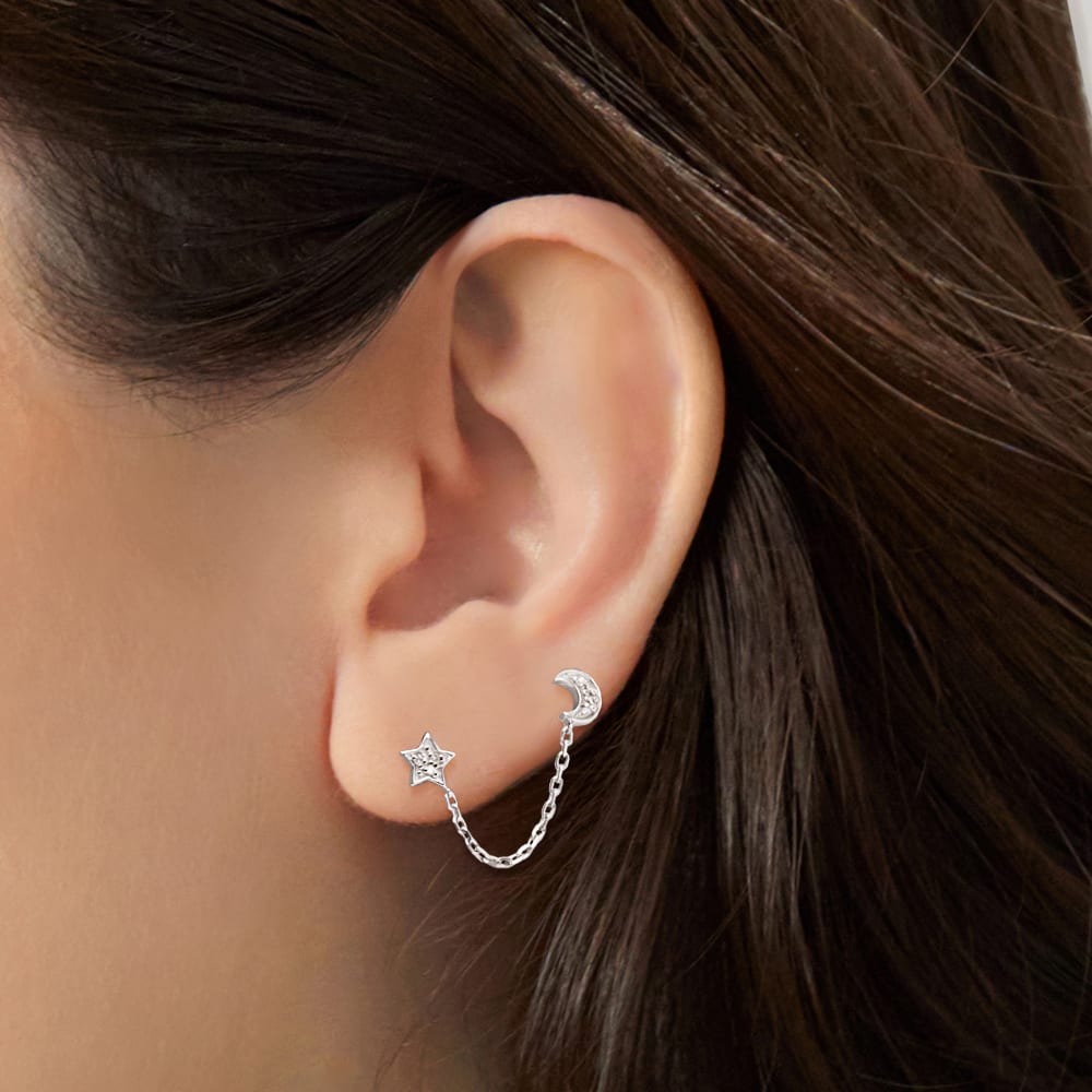 Sterling Silver Celestial Double Piercing Chain Single Earring