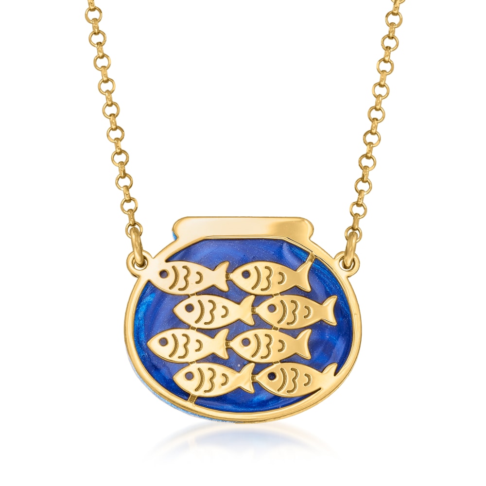 Italian 18kt Gold Over Sterling and Blue Enamel Fishbowl Necklace
