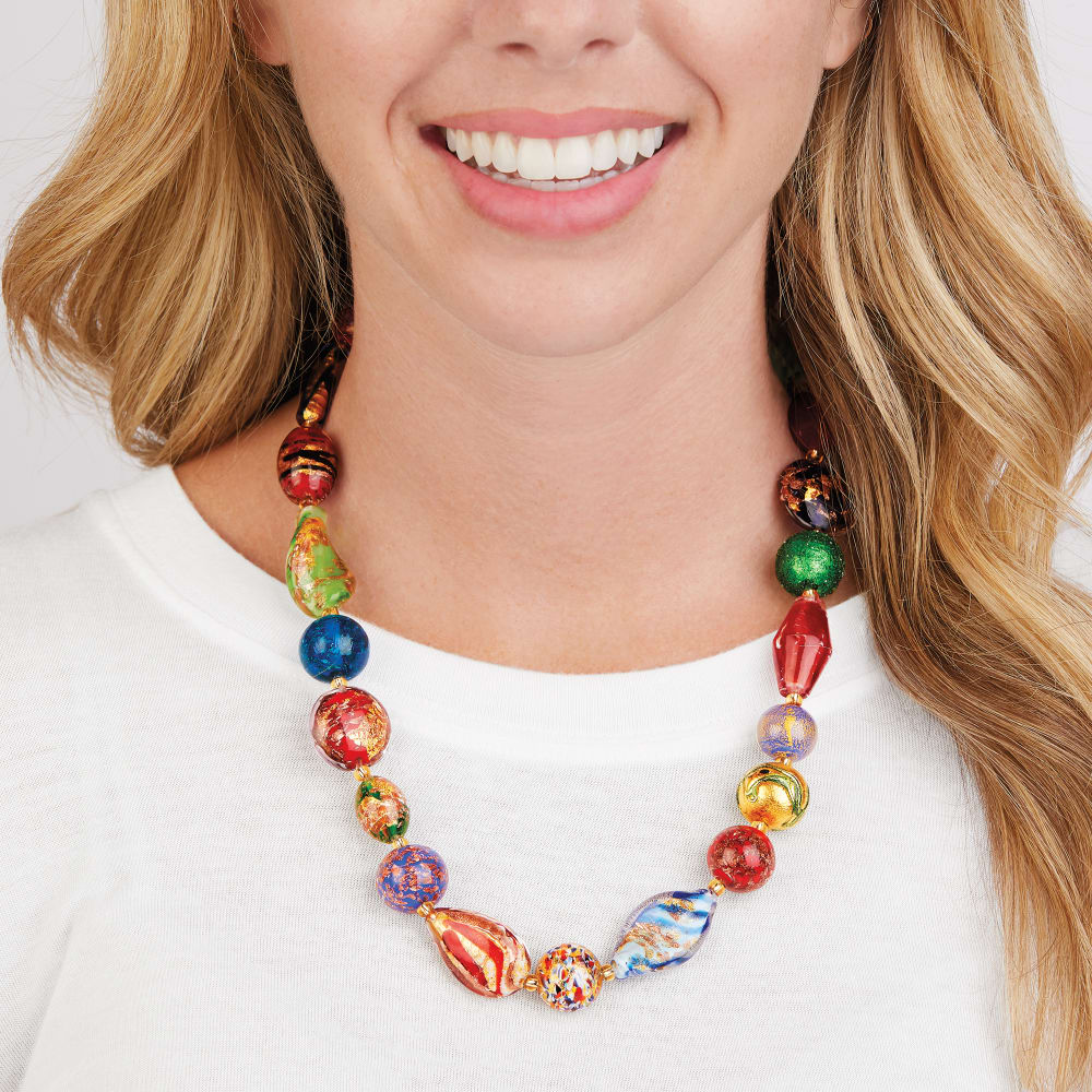 Italian 4-18mm Multicolored Murano Glass Bead Necklace with 18kt ...