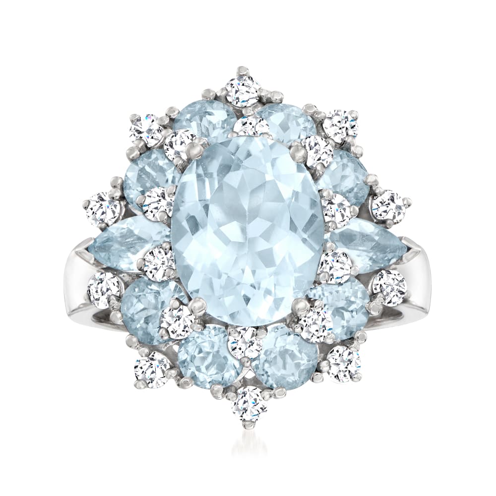 4.20 ct. t.w. Aquamarine and .55 ct. t.w. Diamond Cluster Ring in 14kt ...