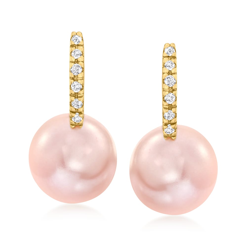 8-8.5mm Pink Cultured Pearl Huggie Hoop Drop Earrings with Diamond
