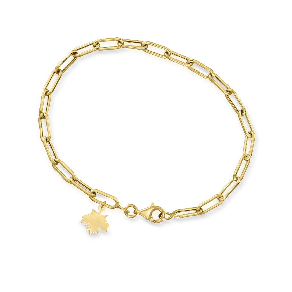 Canaria - 10kt Yellow Gold Maple Leaf Charm Paper Clip Link Bracelet. 7