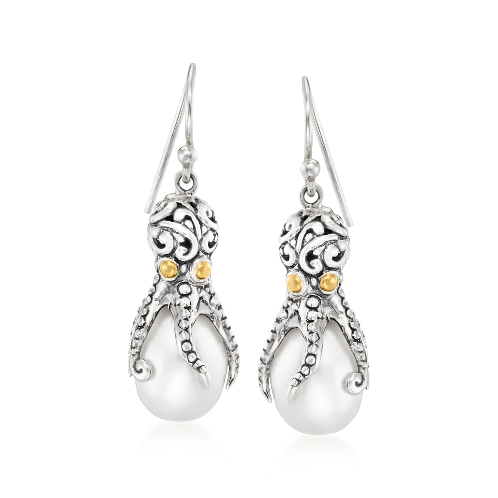 9 9.5mm Cultured Pearl Bali Style Octopus Drop Earrings in