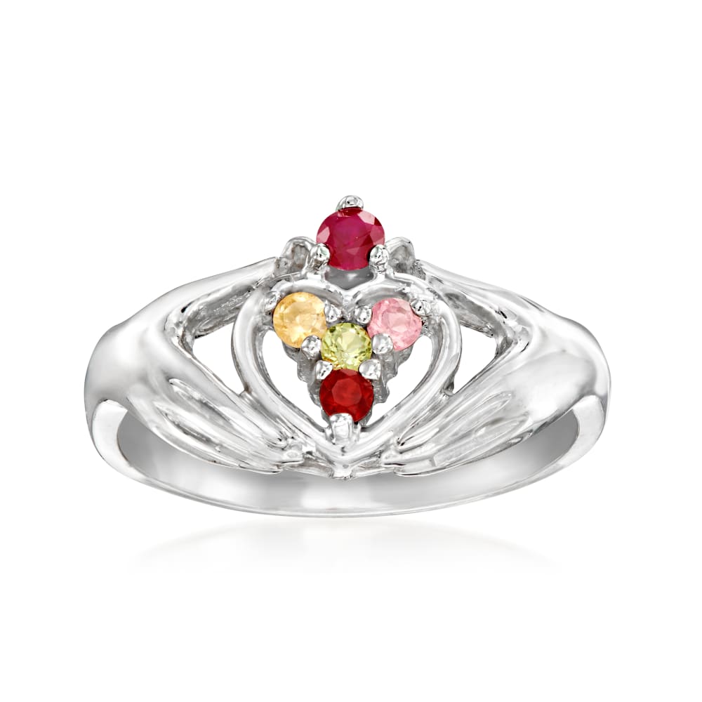 Personalized Claddagh Ring in Sterling Silver 2 to 7 Birthstones