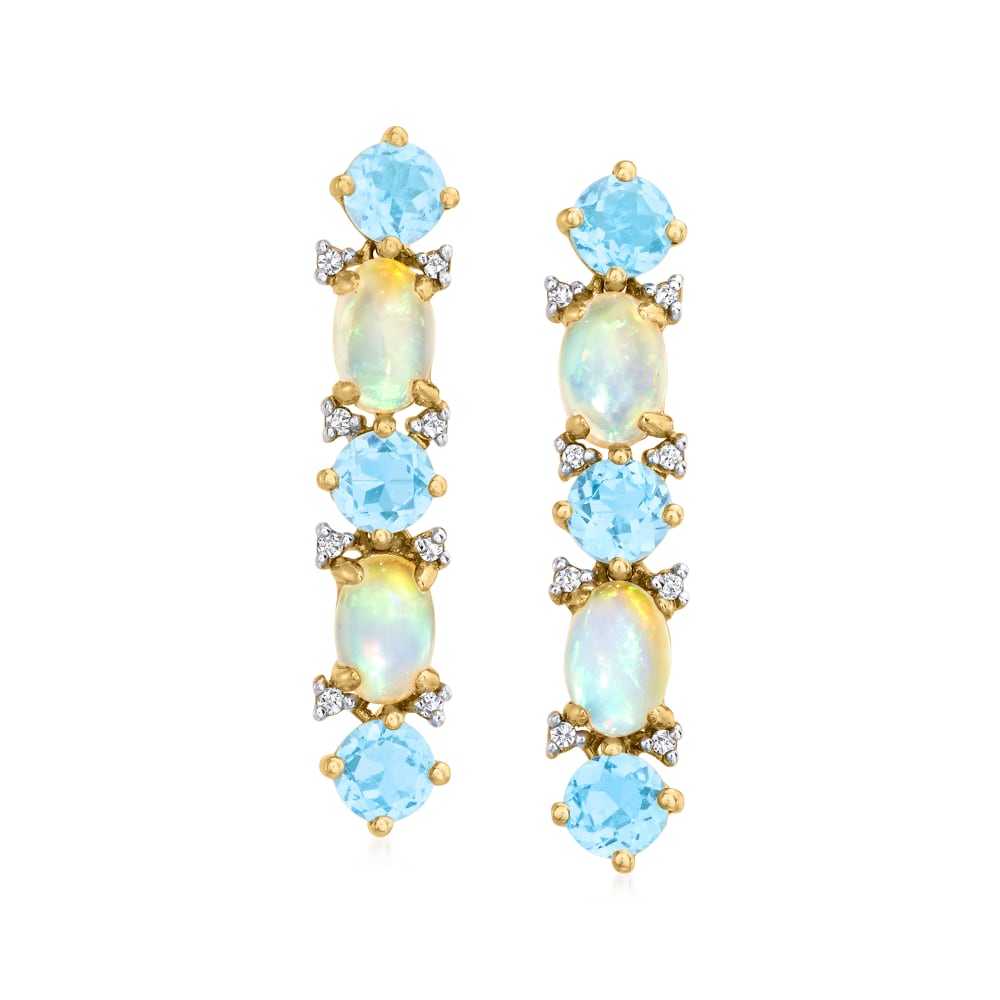 Opal and 1.50 ct. t.w. Sky Blue Topaz Drop Earrings in 14kt Yellow