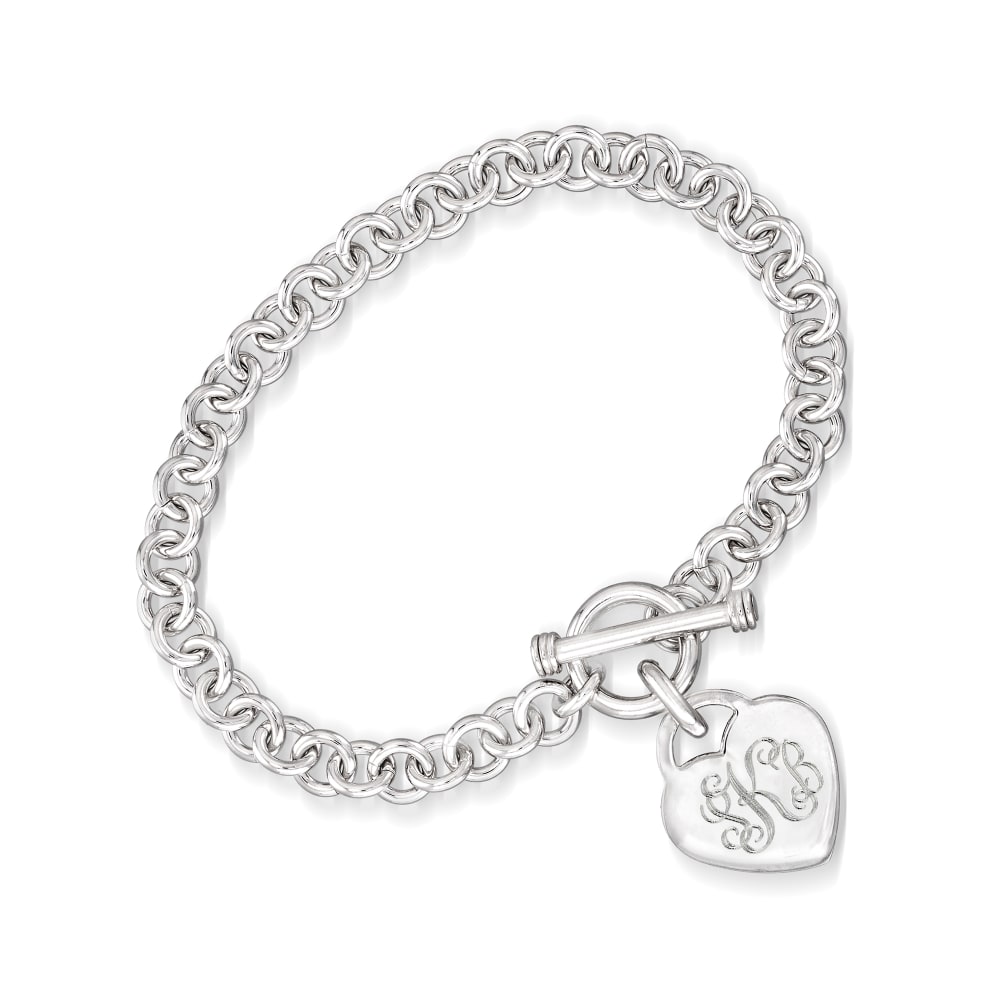 Personalized monogram charm bracelet with white pearls and toggle clasp.