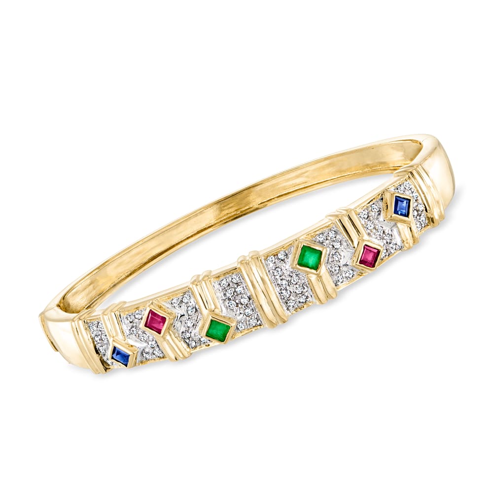 C. 1990 Vintage Multi-Gemstone Inlay and .25 ct. t.w. Diamond Bangle  Bracelet in 14kt Yellow Gold. 7