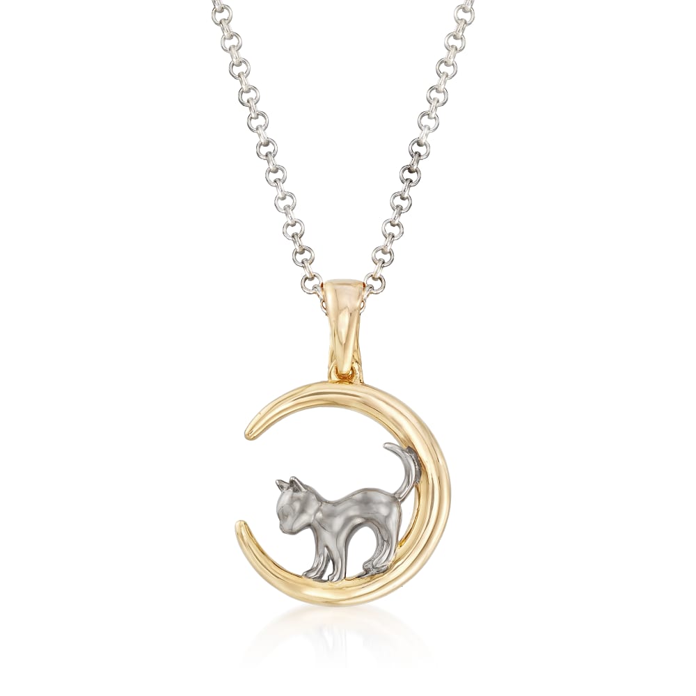 Sterling Silver Cat on The Moon Pendant Necklace