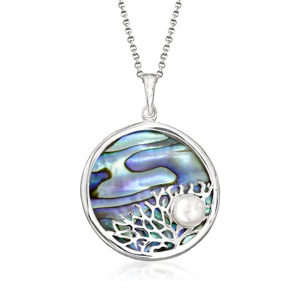 Abalone Shell and 7mm Cultured Pearl Coral Reef Pendant Necklace in ...