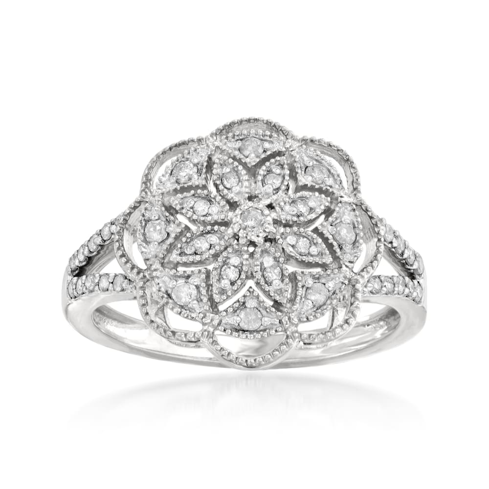 .25 ct. t.w. Diamond Openwork Flower Ring in Sterling Silver | Ross-Simons