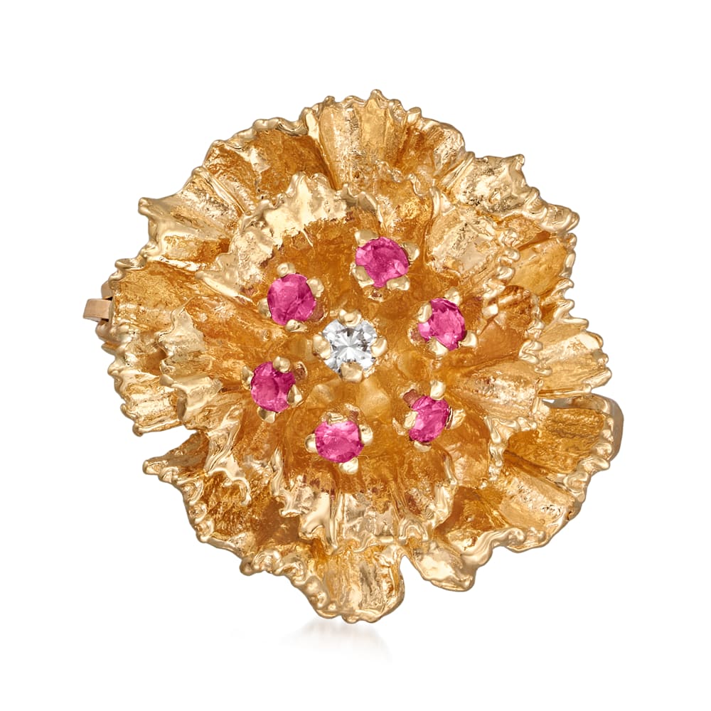 C. 1970 Vintage .35 ct. t.w. Ruby Flower Pin with Diamond Accent in