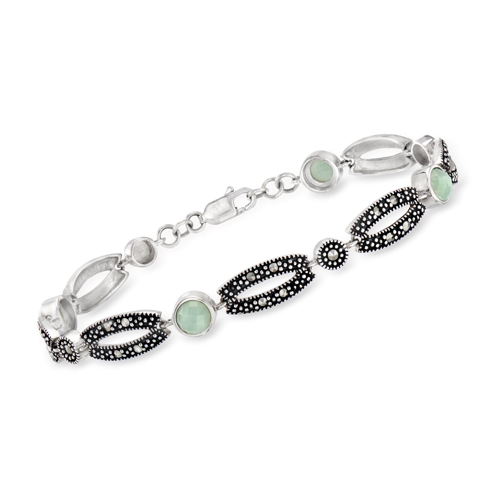 Jade and Marcasite Oval Link Bracelet in Sterling Silver. 7